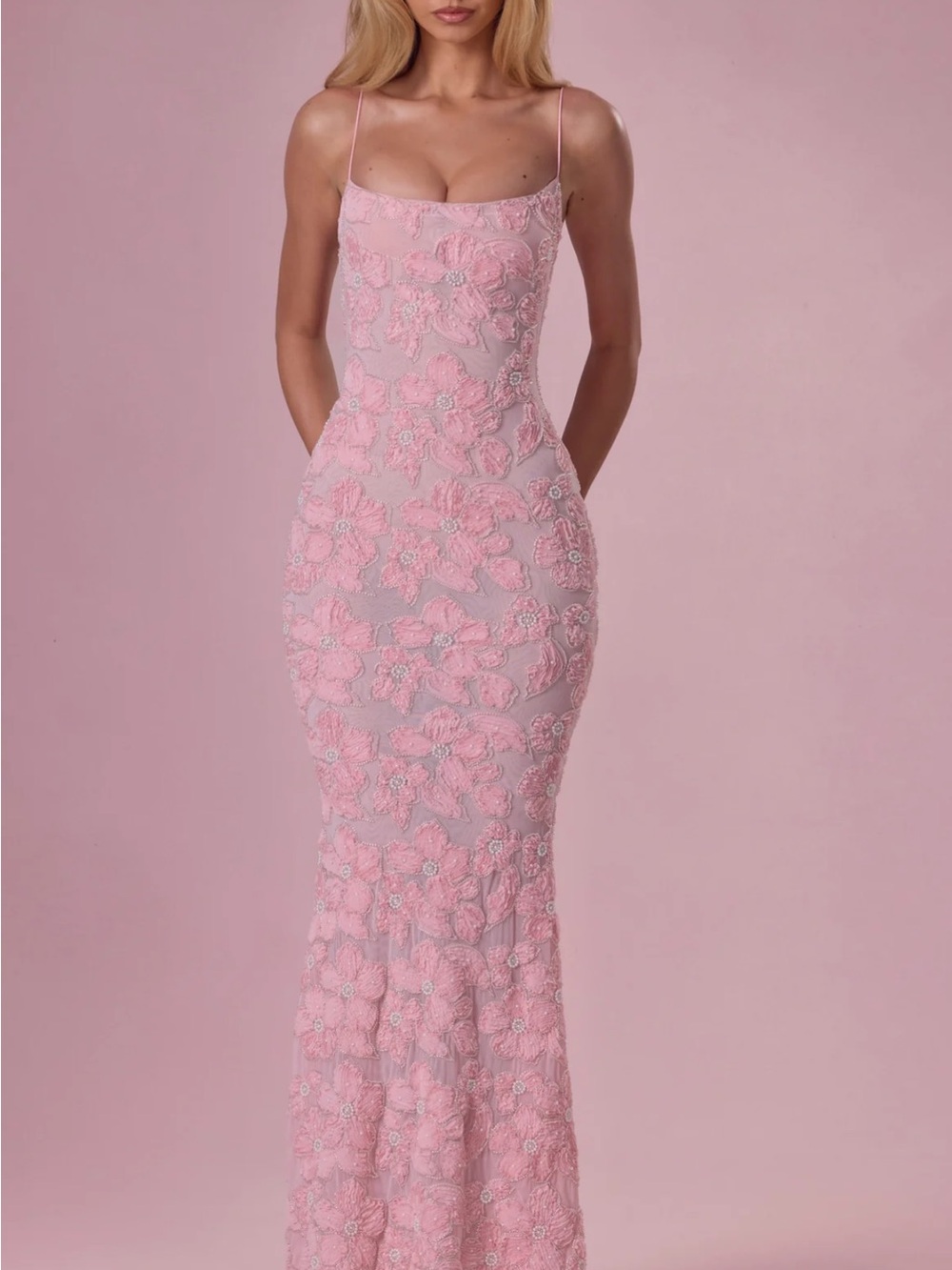 Oh Polly Pink Floral Lace Spaghetti-Strap Maxi Dress